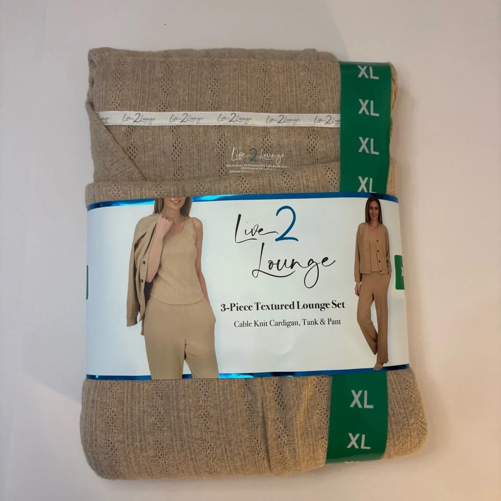 NEW Cozy 3 piece Lounge Set L XL XXL cable knit cardigan tank elastic pant tan